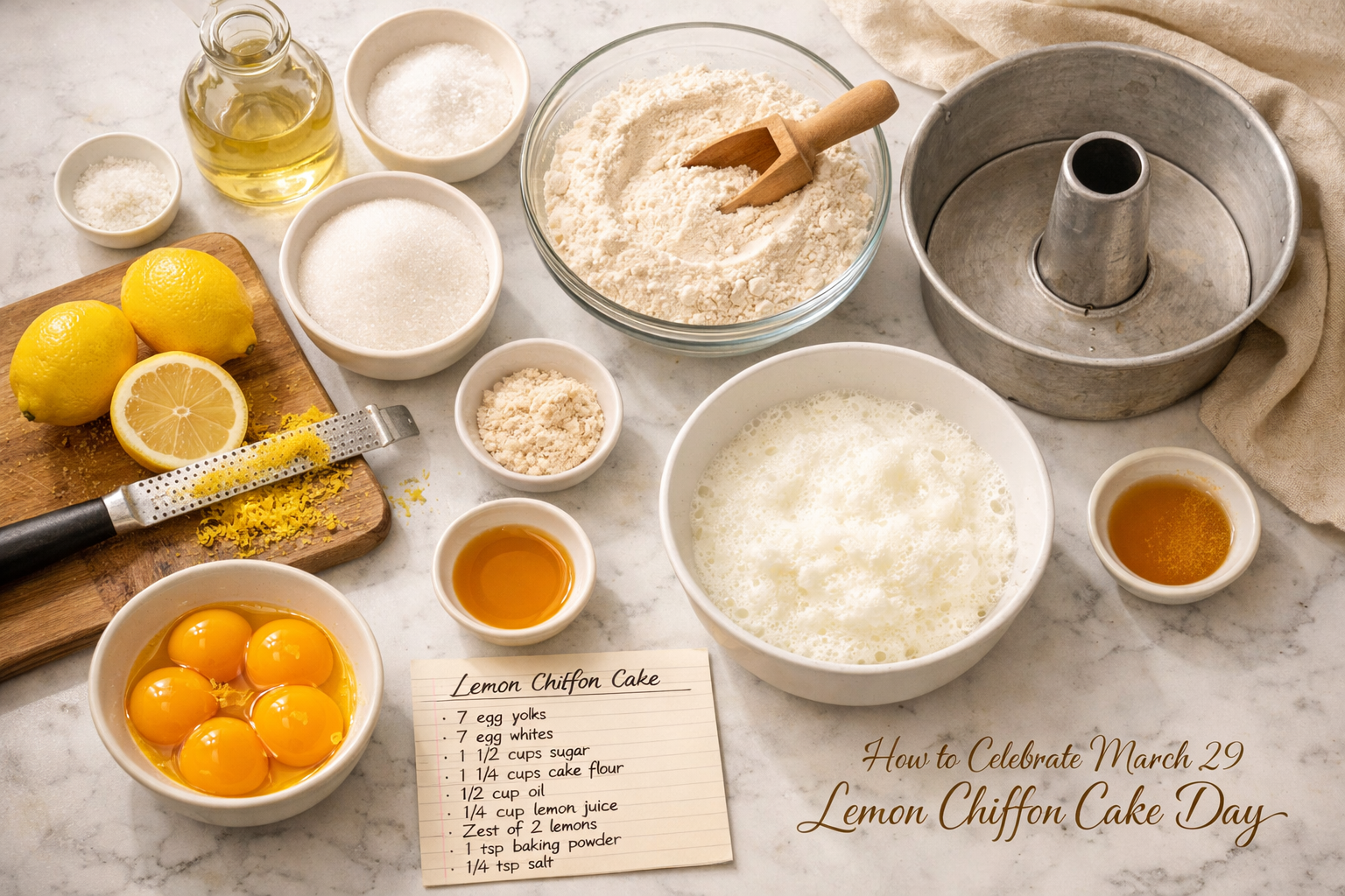 Detailed () editorial food photography image showing a step-by-step baking flat lay for lemon chiffon cake: ingredients