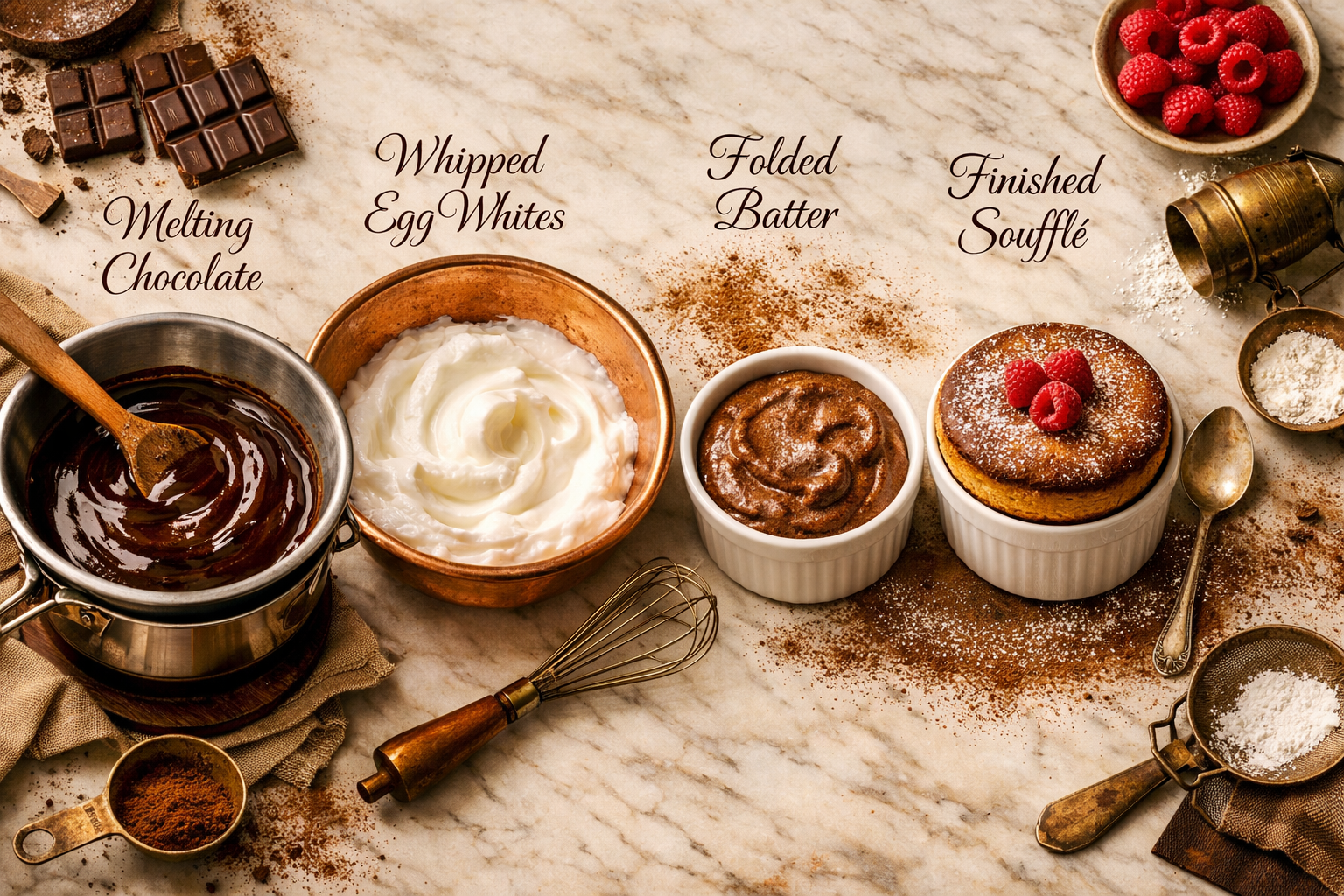 Detailed () editorial food photography image showing a step-by-step flat-lay overhead composition of chocolate souffle