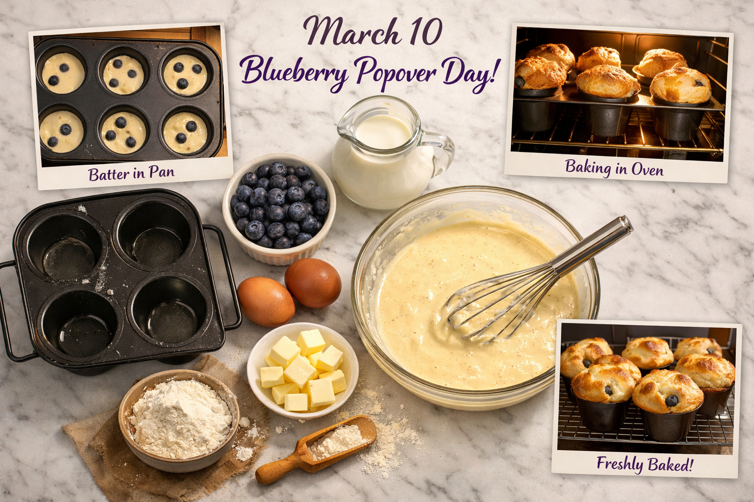 Detailed () editorial food photography image showing a step-by-step visual guide to making blueberry popovers: a flat-lay