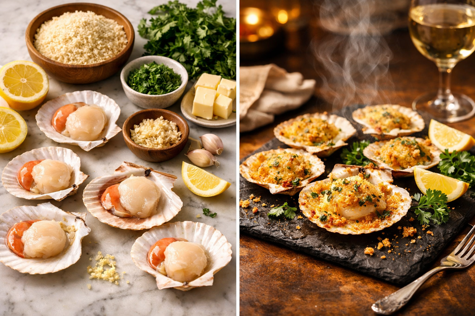 Detailed () editorial food photography image showing a step-by-step visual guide to preparing baked scallops for March 12
