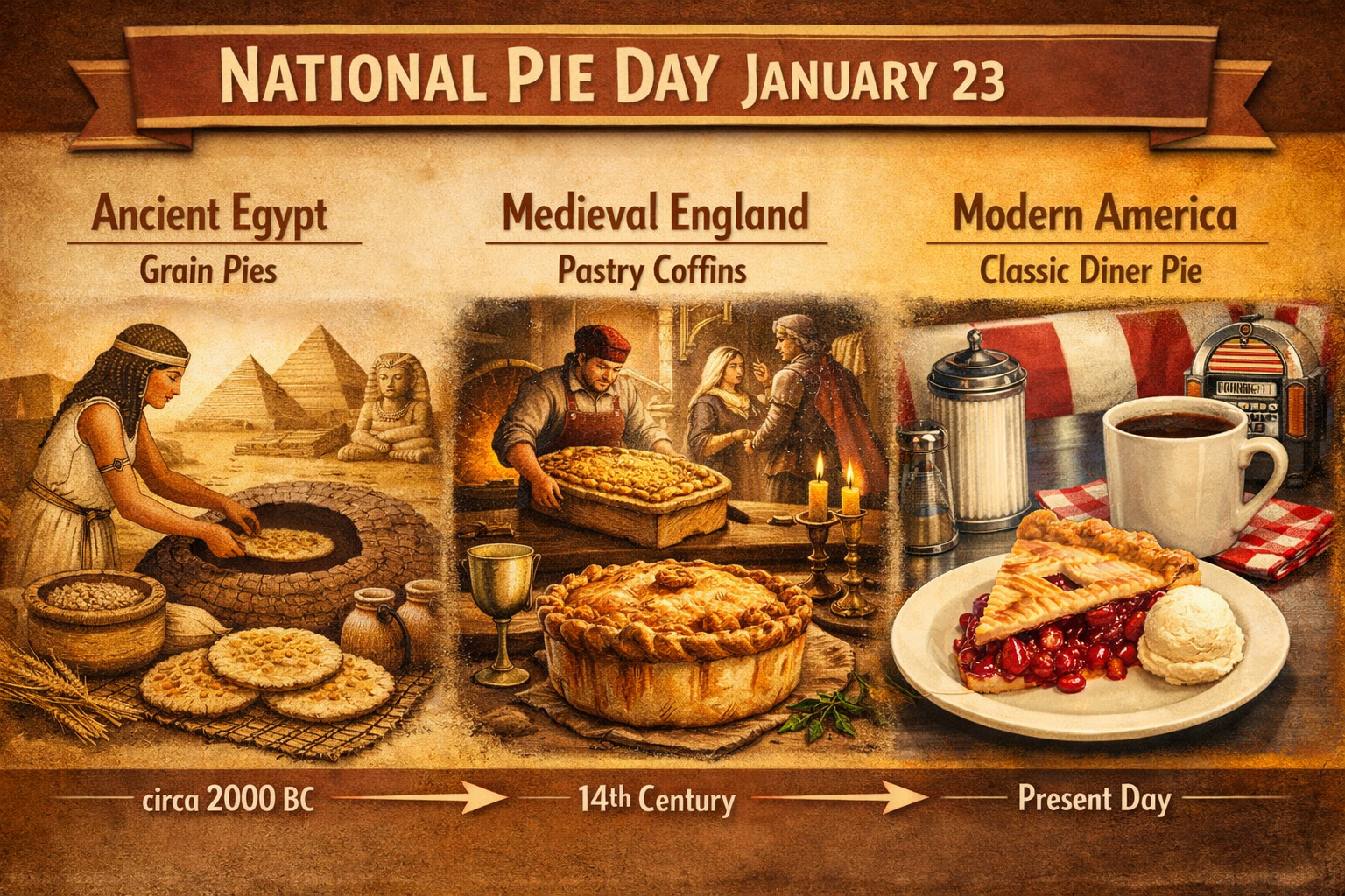 Detailed () editorial food photography image showing a timeline-style visual infographic of pie history from ancient Egypt