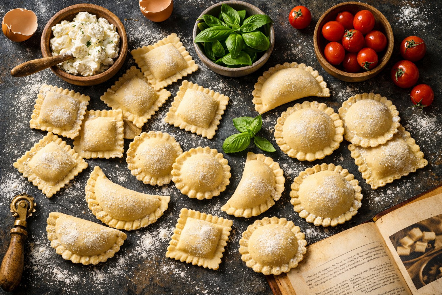 Detailed () editorial food photography image showing a top-down flat-lay of homemade ravioli in various shapes — square,