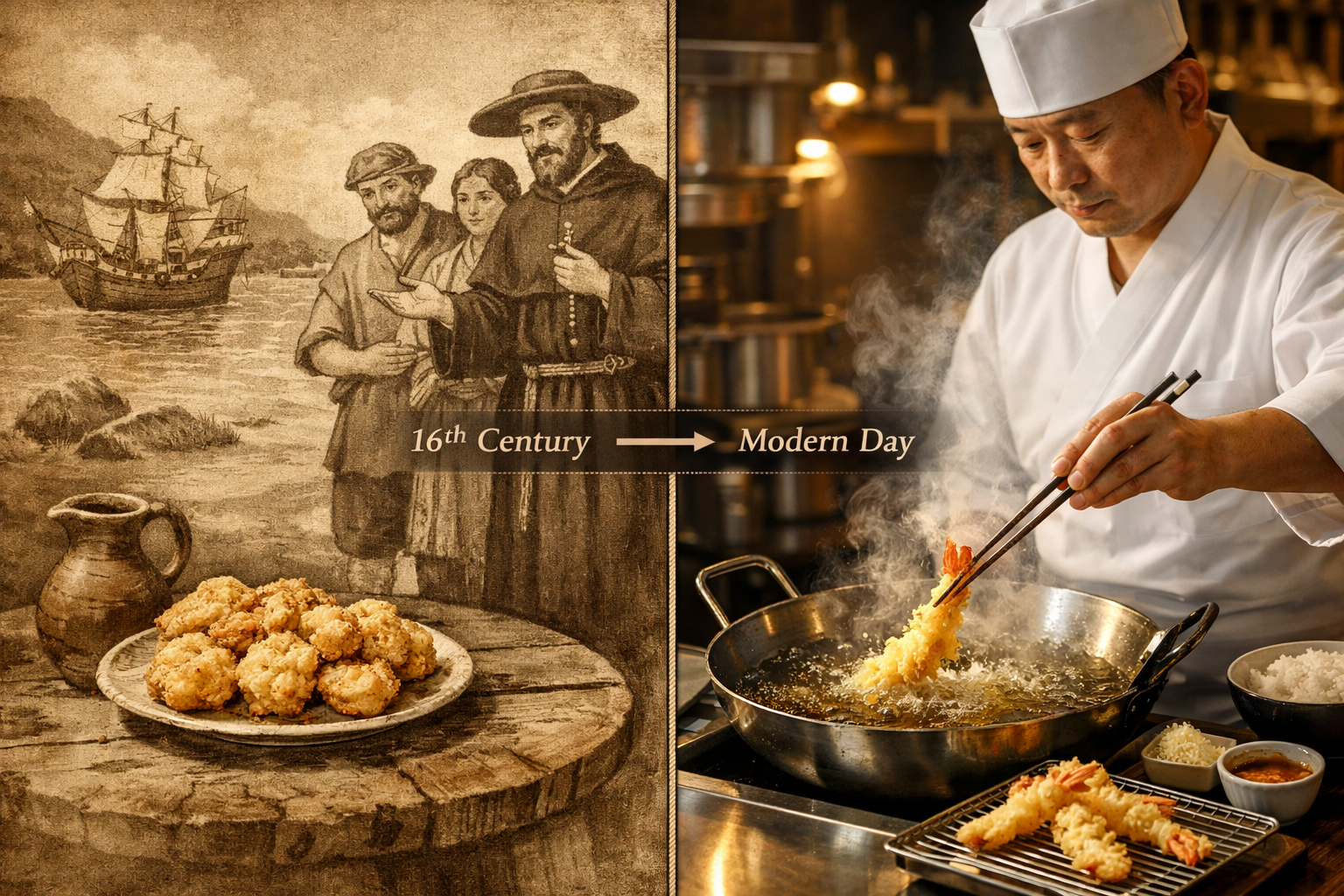 Detailed () editorial food photography image showing the historical journey of tempura — a split-scene composition: left