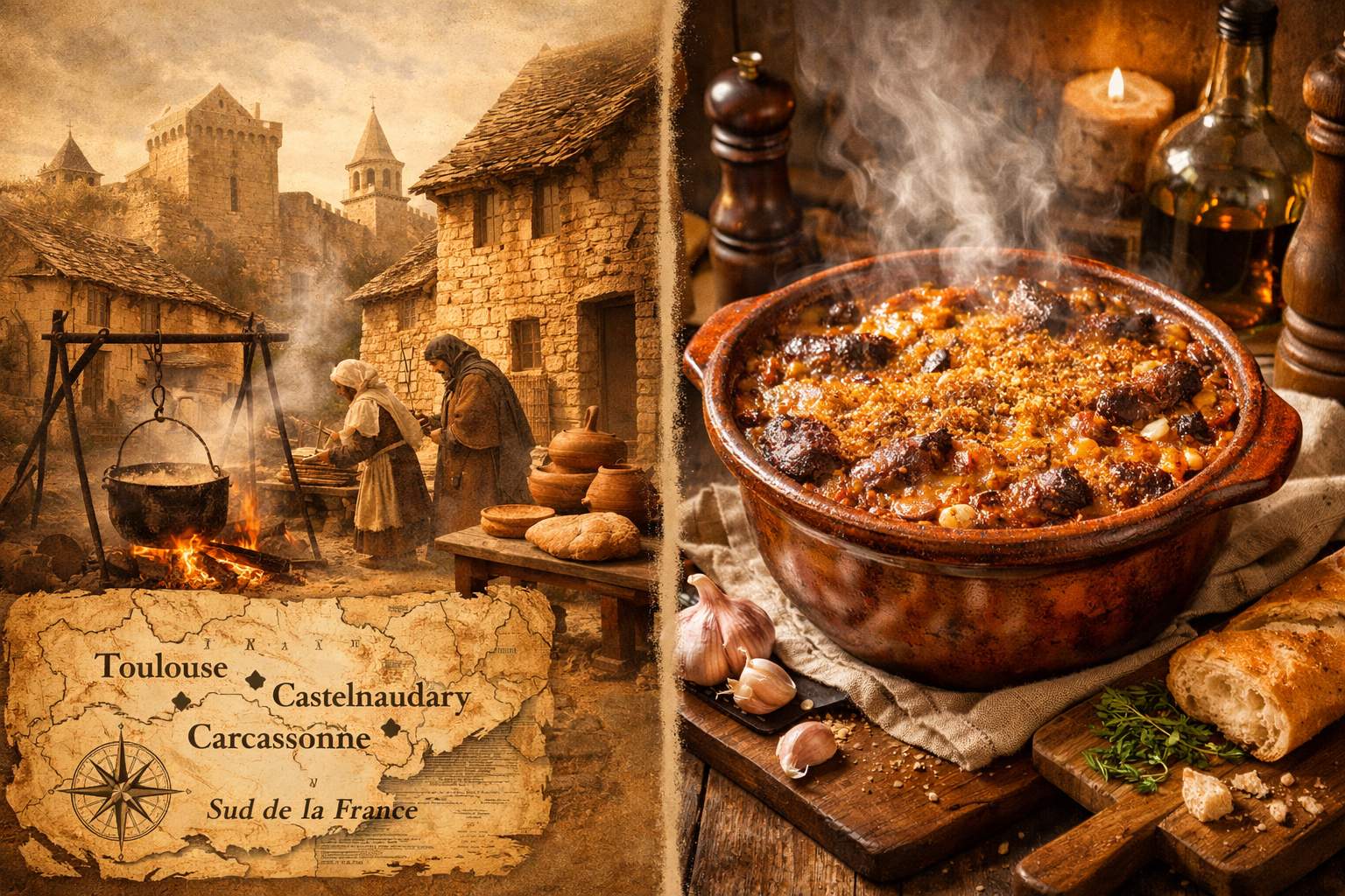 Detailed () editorial food photography image showing the rich history of cassoulet: a split-scene composition with left side