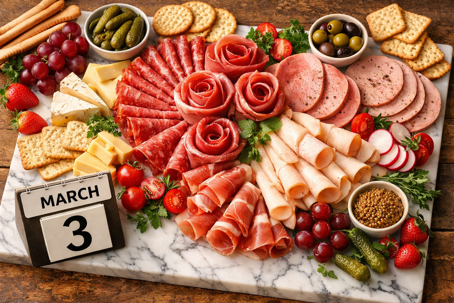 Detailed () editorial food photography showing a festive celebration spread for March 3 Cold Cuts Day: an overhead flat-lay