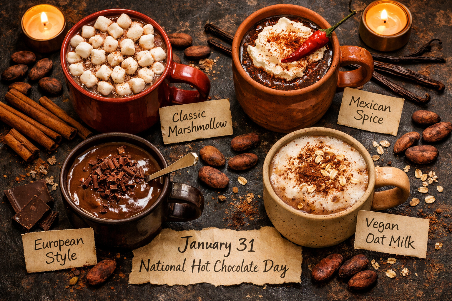 Detailed () editorial illustration showing a flat-lay overhead shot of multiple hot chocolate mugs in different styles —