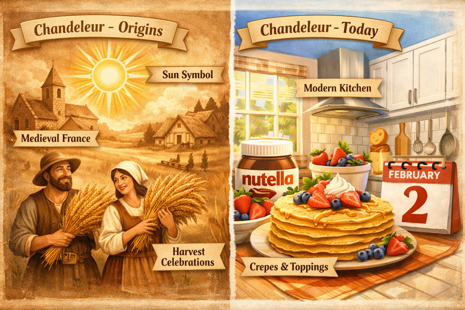 Detailed () editorial illustration showing a split-scene composition: left side features a medieval French village with a