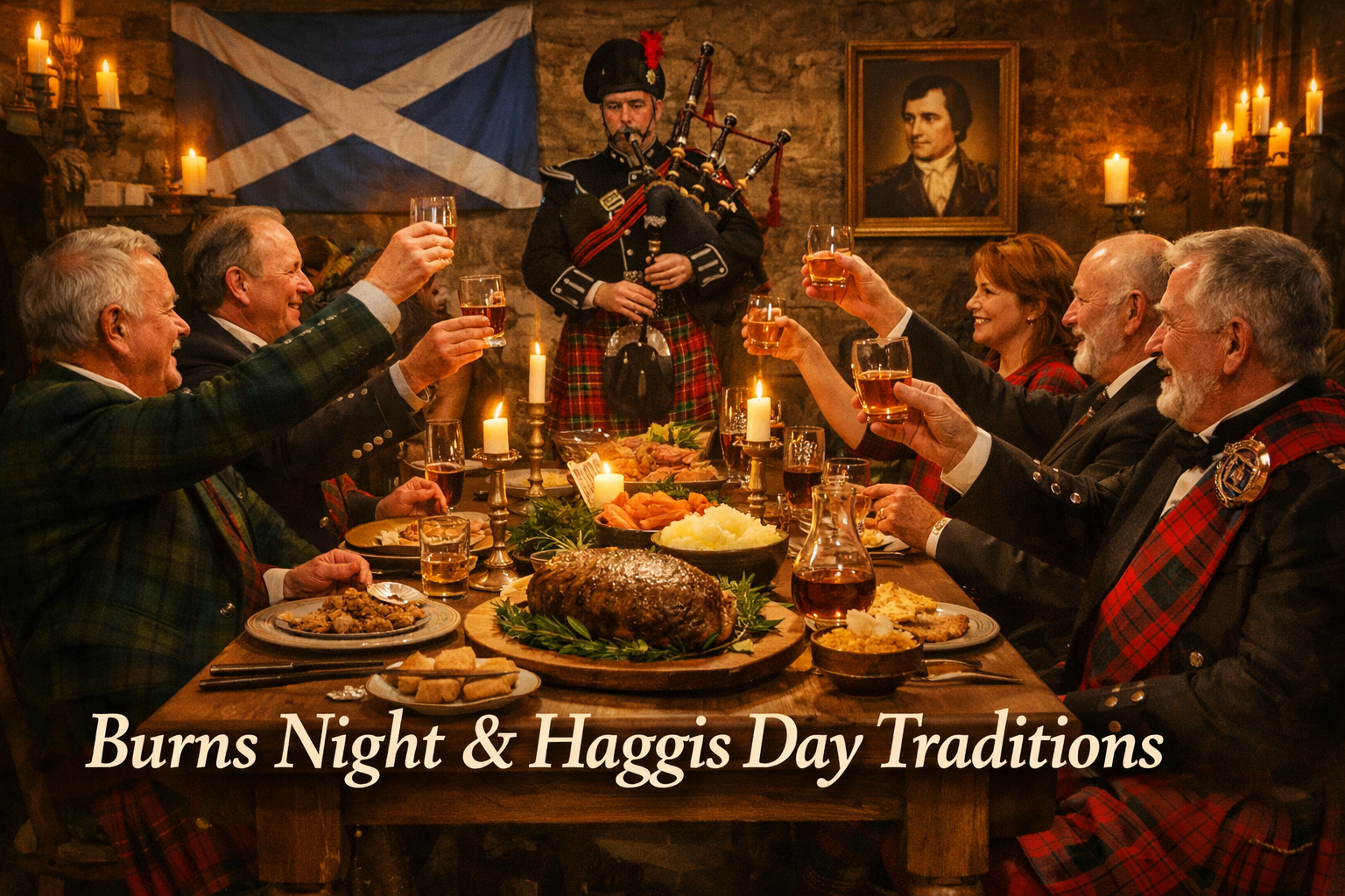 Detailed () editorial illustration showing a vibrant Burns Night celebration scene: a long wooden banquet table set with
