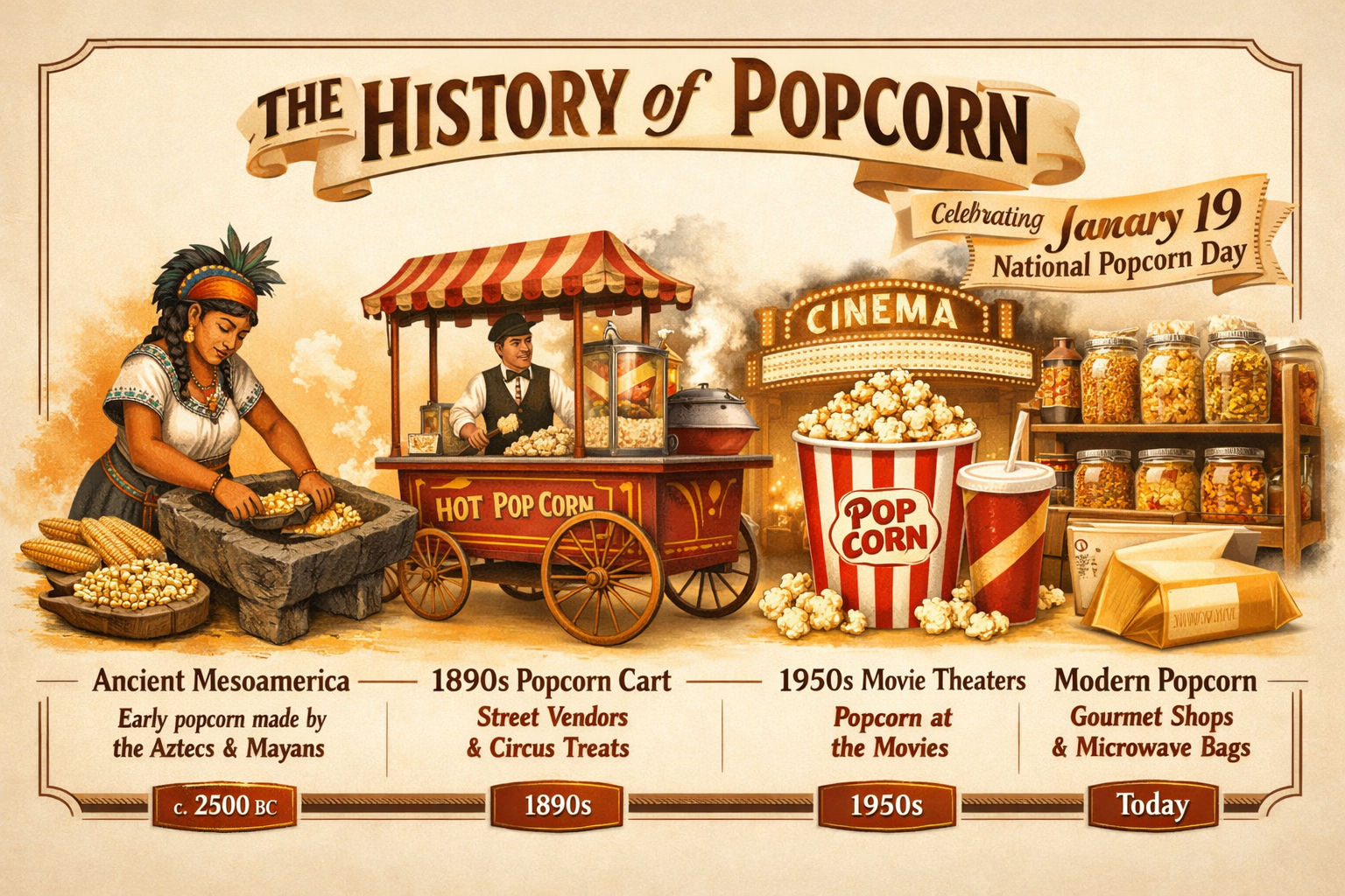 Detailed () editorial illustration showing a vibrant timeline infographic of popcorn history from ancient Mesoamerican