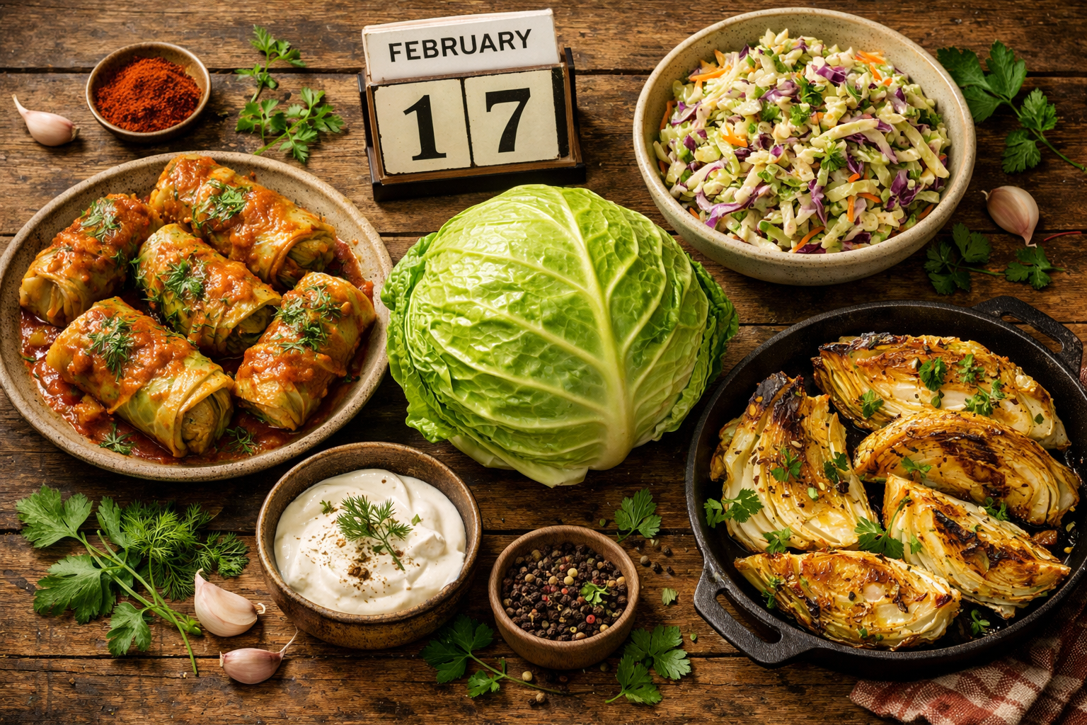 Detailed () editorial image showing a festive flat-lay overhead shot of various cabbage dishes and preparations: stuffed