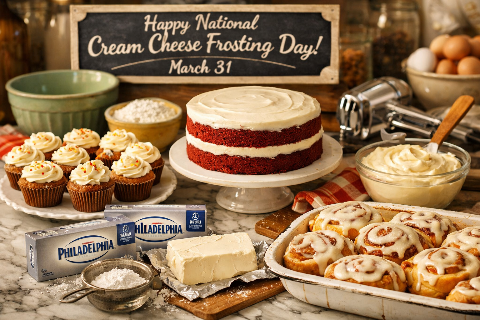 Detailed () editorial image showing a festive kitchen scene celebrating National Cream Cheese Frosting Day on March 31. A