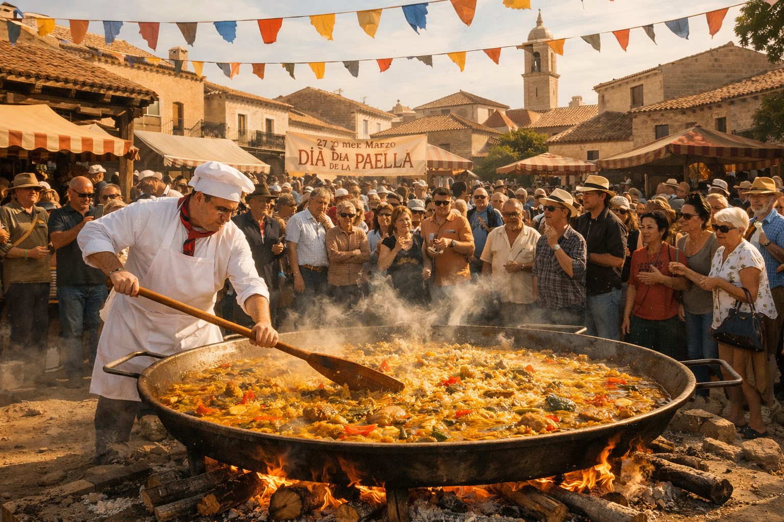 Detailed () editorial image showing a lively outdoor Spanish paella festival scene with a large crowd gathered around a