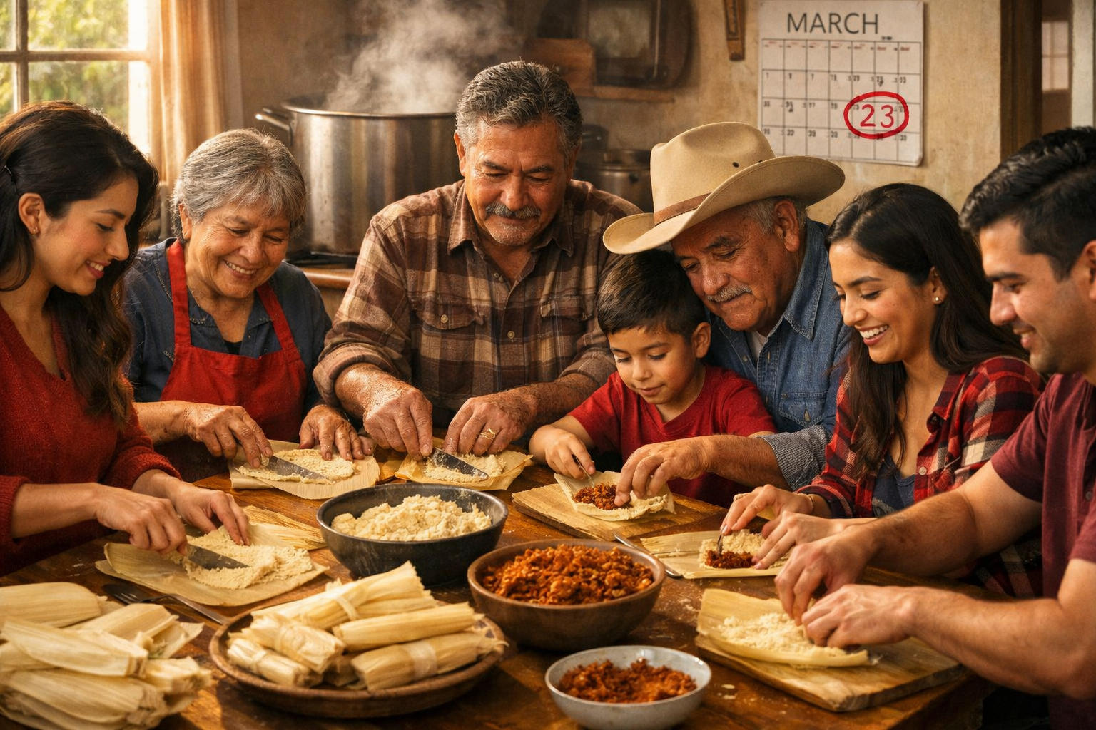 Detailed () editorial image showing a multi-generational Latino family gathered around a large kitchen table, hands working