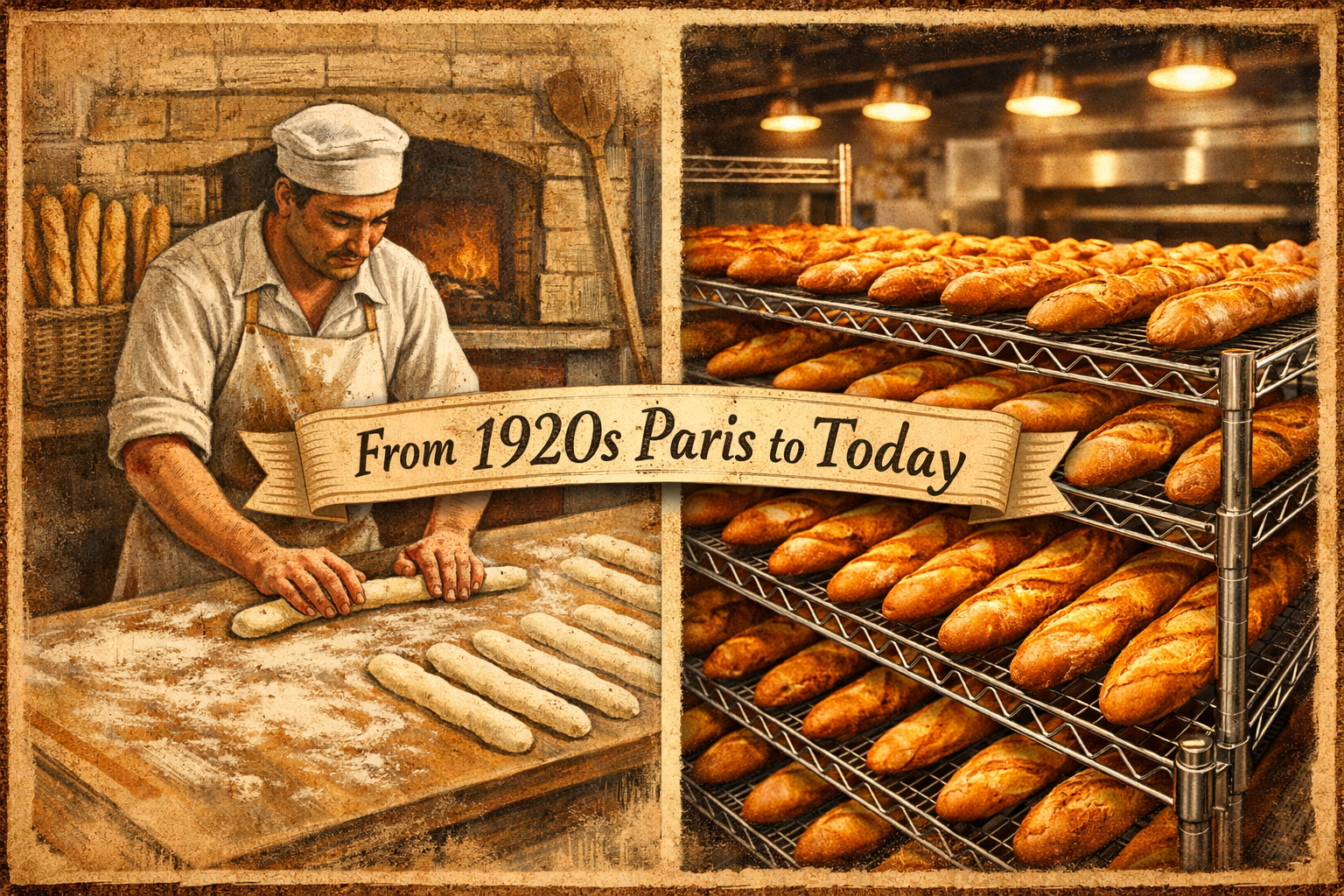 Detailed () editorial image showing a split-scene composition: on the left, a 19th-century French boulangerie illustration