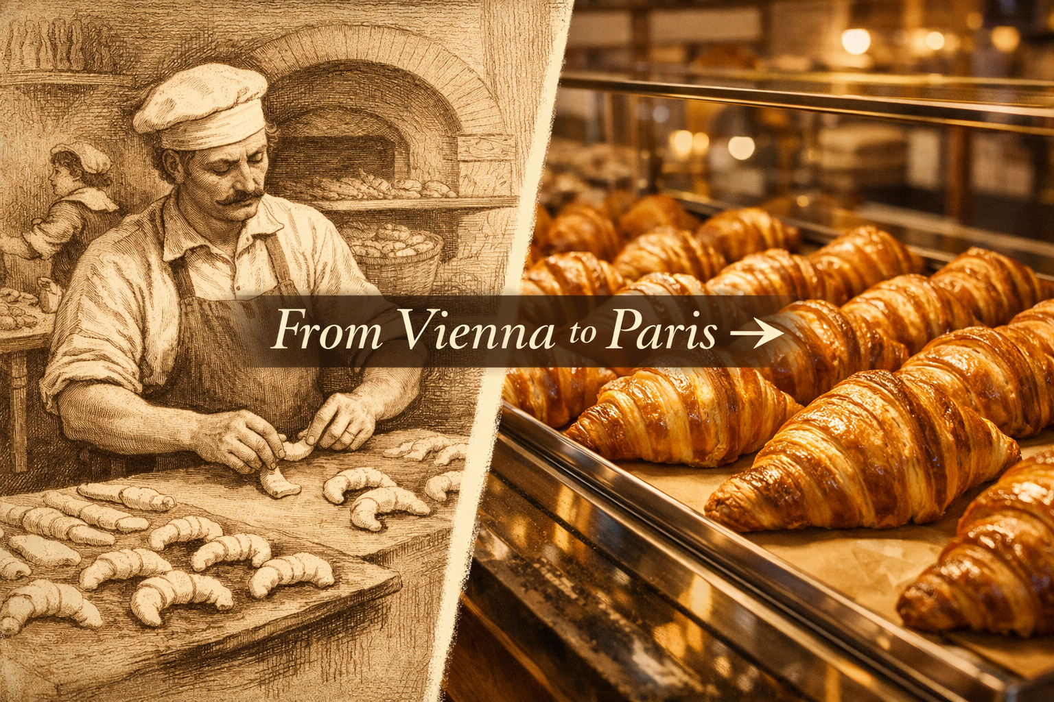 Detailed () editorial image showing a split-scene composition: on the left, a 19th-century Vienna bakery illustration in