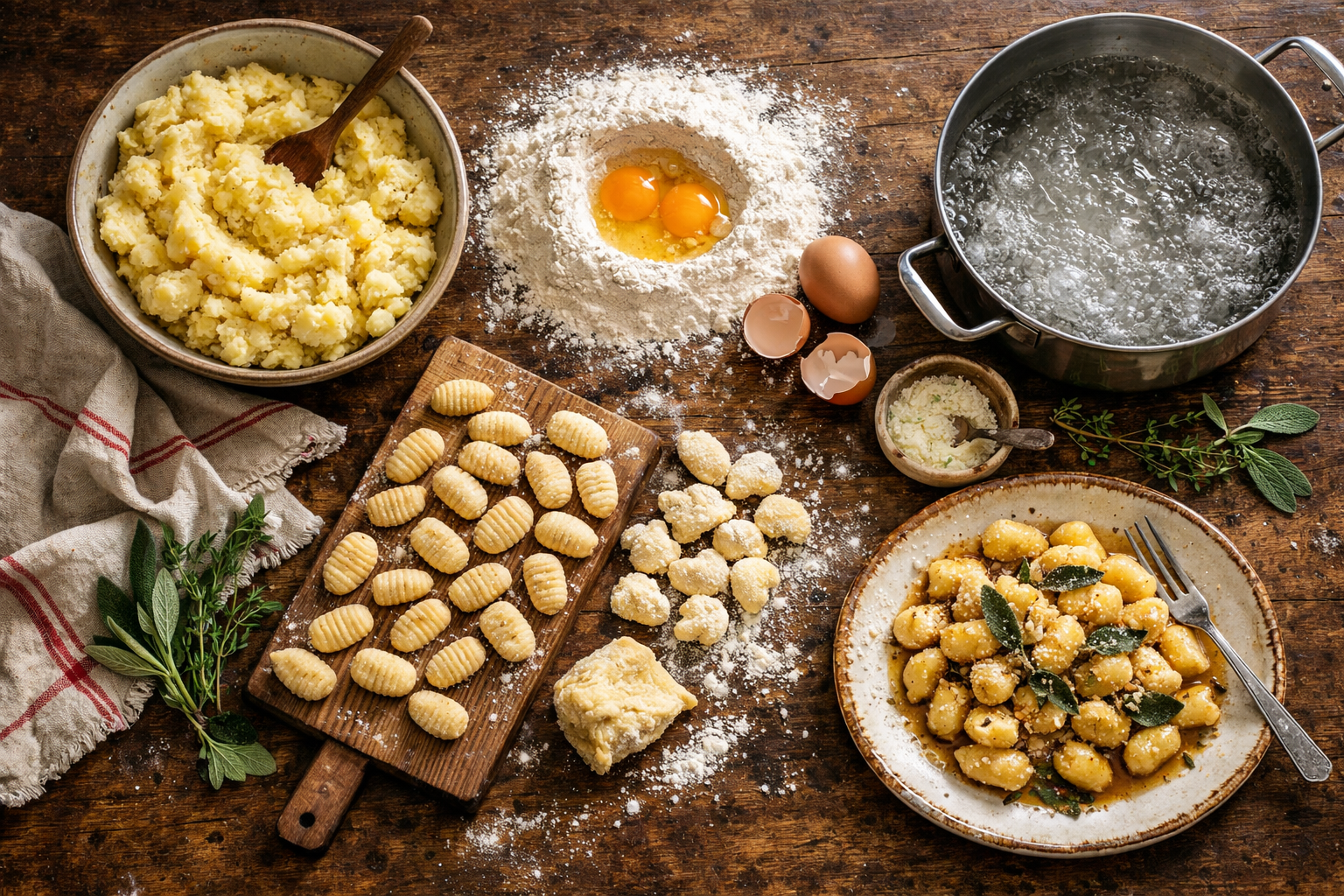 Detailed () editorial image showing a step-by-step flat-lay of homemade gnocchi preparation on a rustic wooden table: mashed