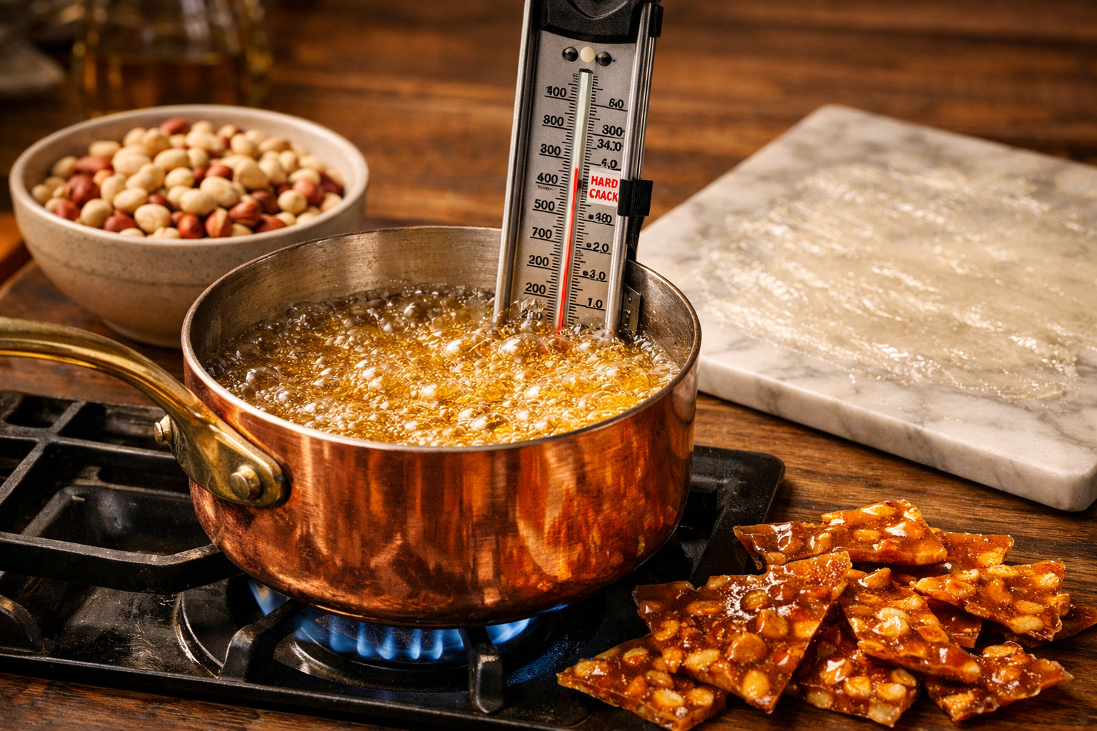 Detailed () editorial image showing a step-by-step peanut brittle making process: a gleaming copper saucepan on a gas