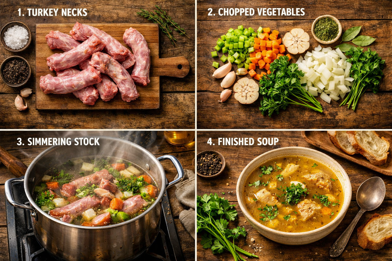 Detailed () editorial image showing a step-by-step visual collage of turkey neck soup preparation: raw turkey necks on a