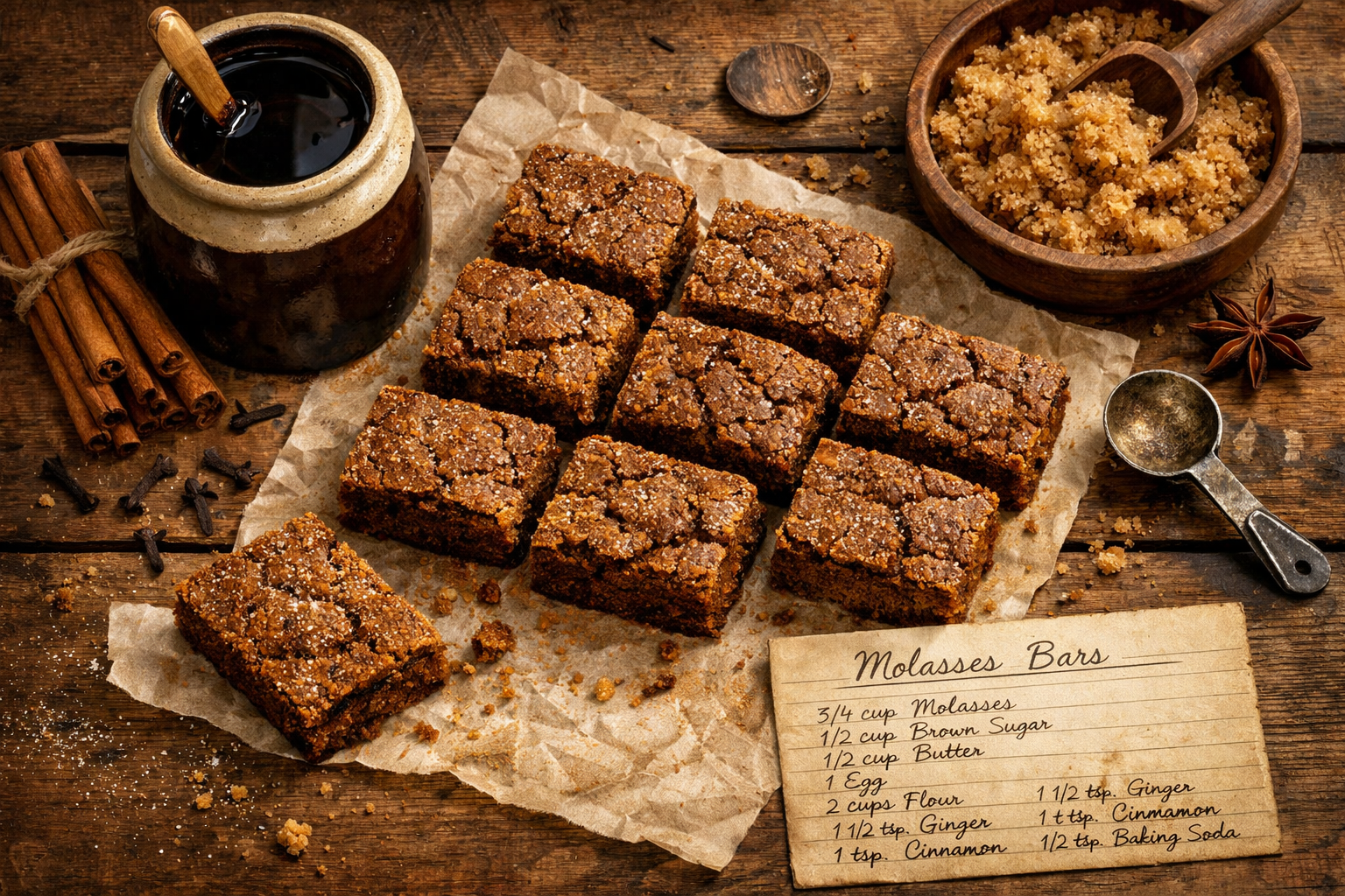 Detailed () editorial image showing a top-down flat-lay composition of freshly baked molasses bars on parchment paper,