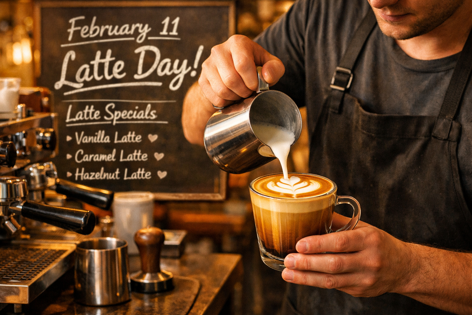 Detailed () editorial image showing a vibrant café scene celebrating National Latte Day on February 11 — a barista in a