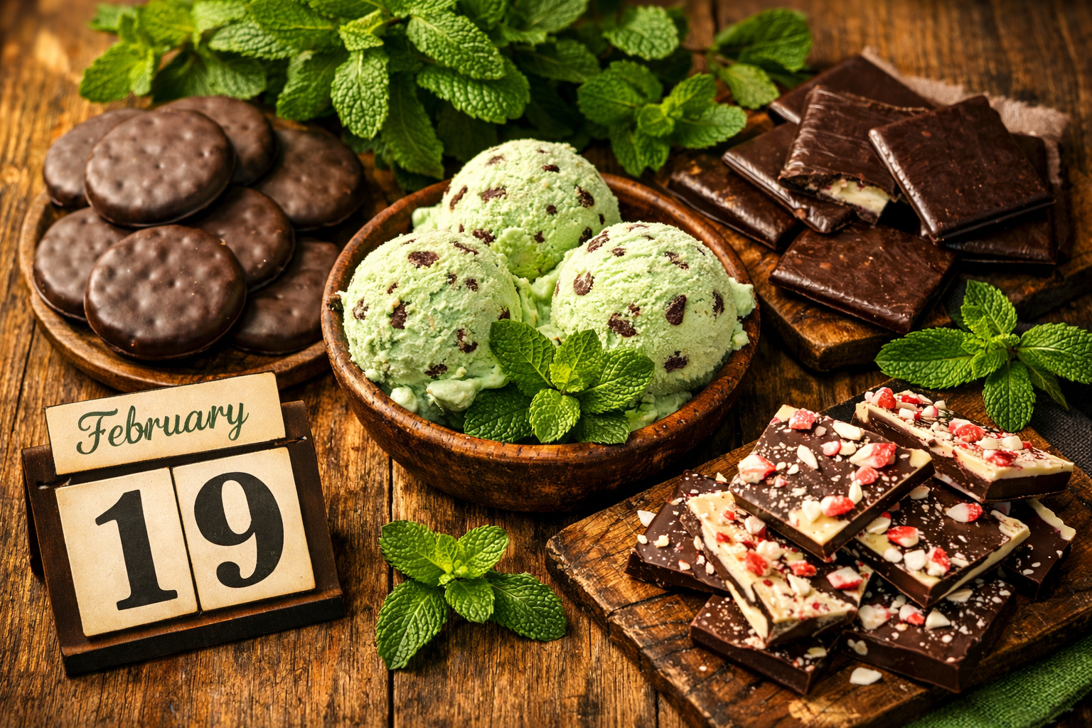 Detailed () editorial image showing a vibrant overhead aerial shot of an assortment of chocolate mint treats: thin mint
