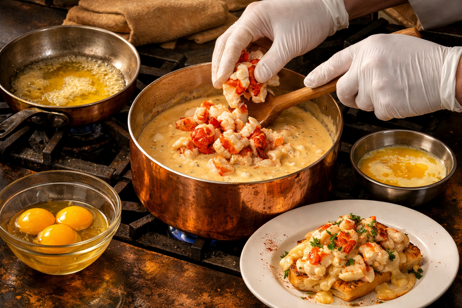 Detailed () editorial image showing the step-by-step preparation of classic Lobster Newburg in a professional kitchen: a