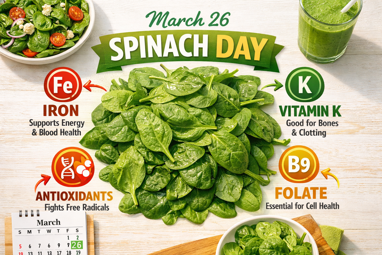 Detailed () editorial infographic-style image showing a colorful flat-lay of spinach leaves surrounded by nutrient icons and