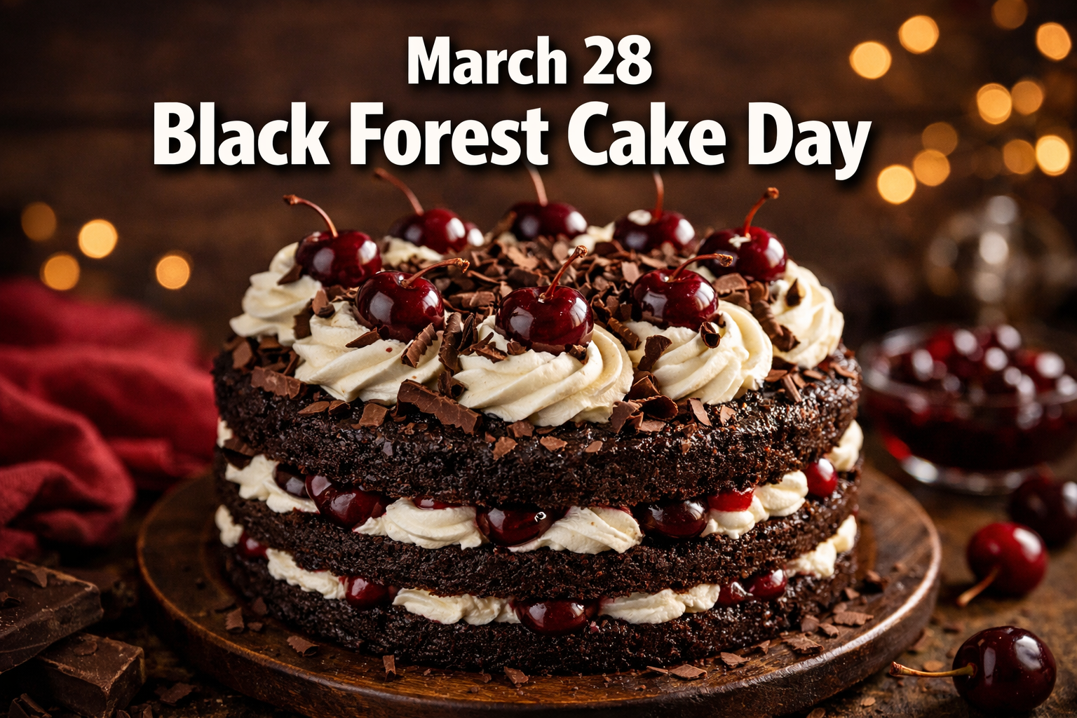 Professional () hero image with 'March 28 Black Forest Cake Day' in extra large white with deep dark , centered upper-third