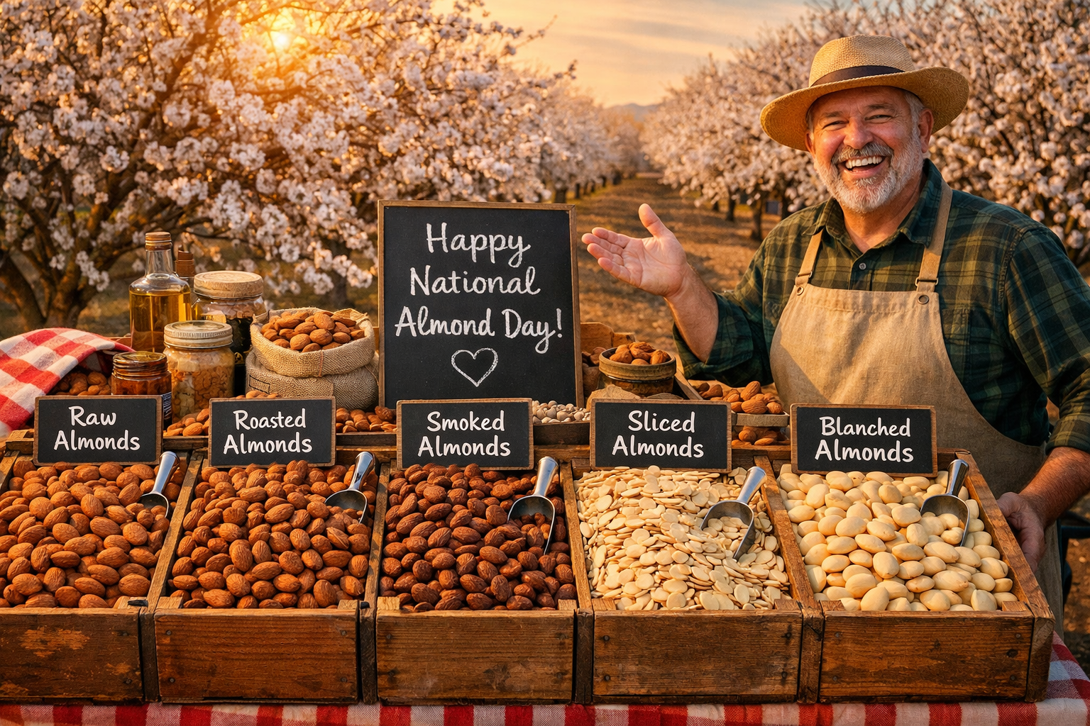 Wide-angle editorial landscape () showing a vibrant farmers market almond display with multiple varieties — raw, roasted,