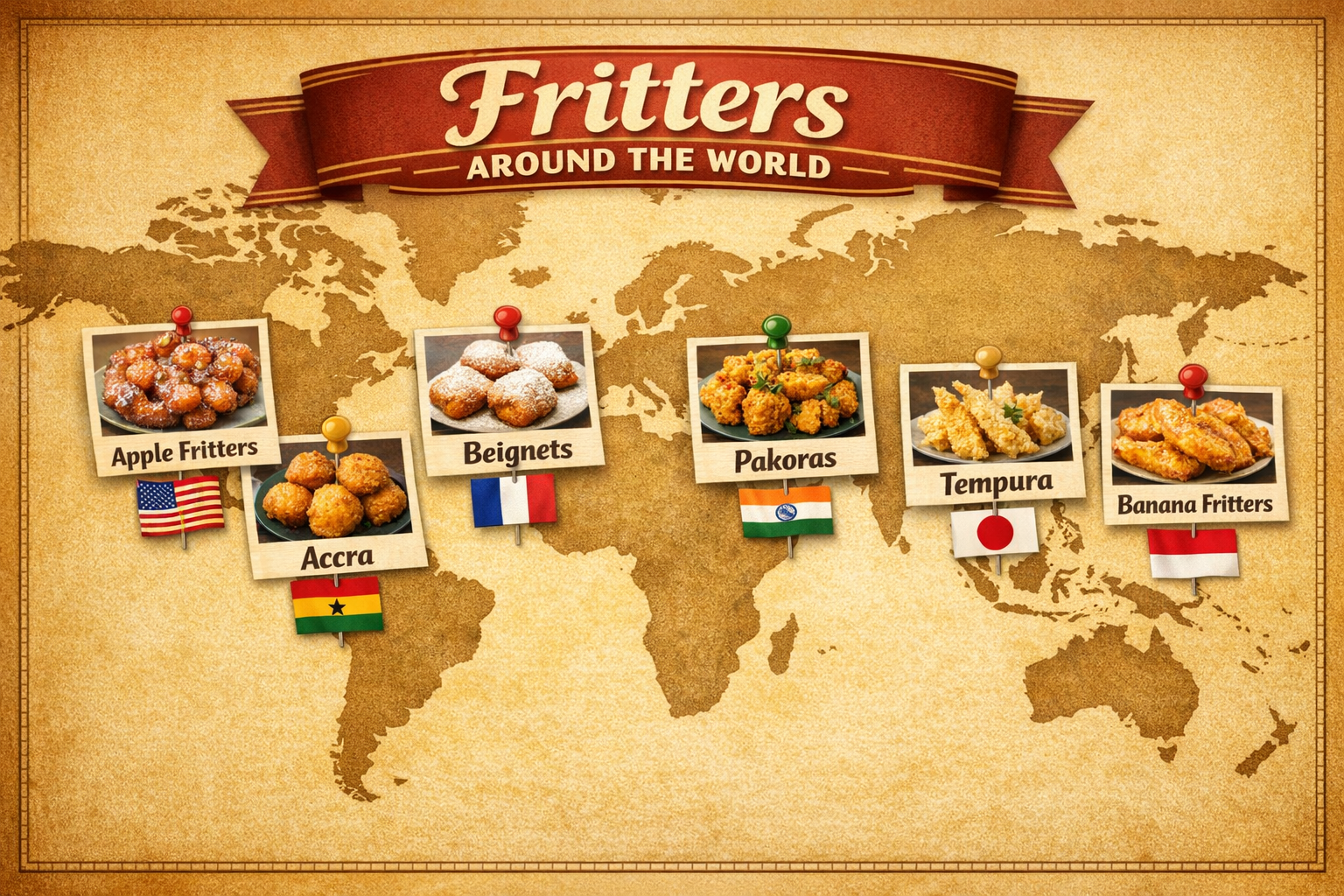 Wide () editorial collage showing a world map with illustrated fritter varieties pinned to different regions: apple fritters