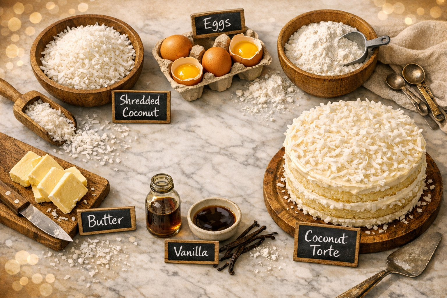Wide () editorial food photography scene showing a step-by-step coconut torte baking flat lay from an overhead bird's-eye