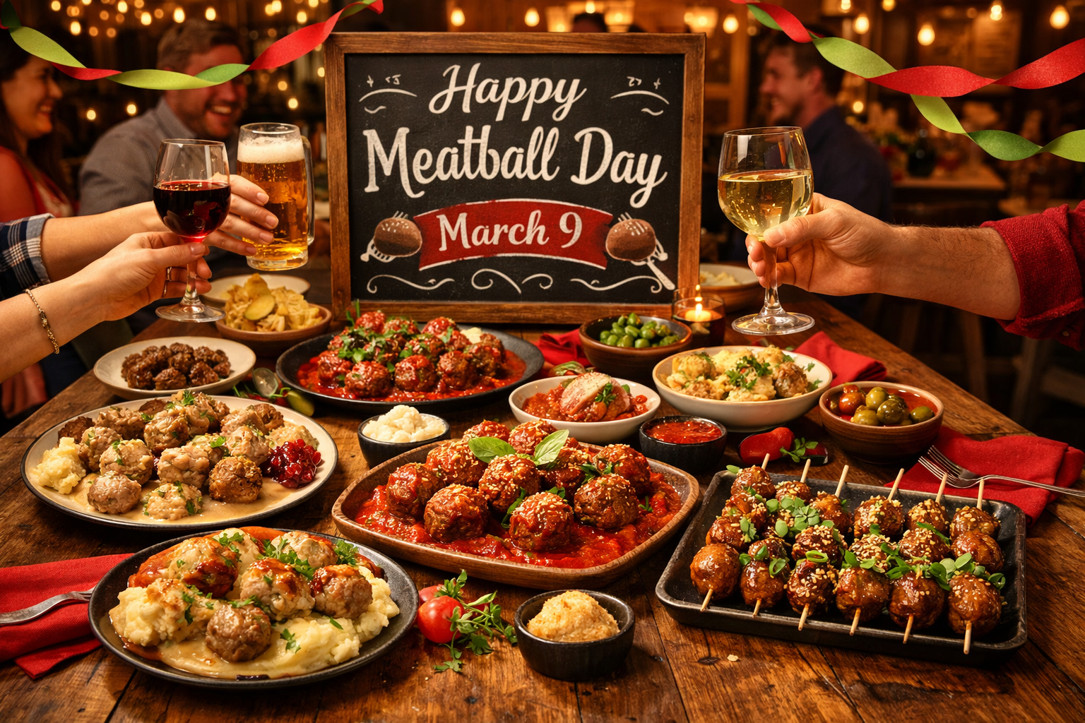 Wide () editorial food photography showing a festive March 9 Meatball Day celebration scene: a long wooden dining table set