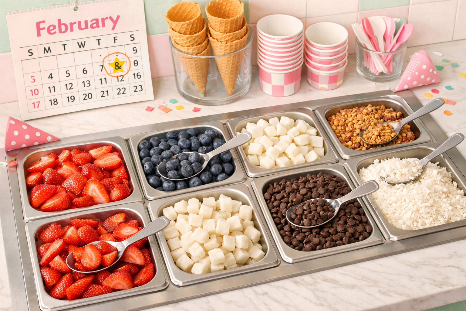 Wide () editorial illustration showing a festive frozen yogurt celebration scene: a cheerful yogurt shop counter filled with