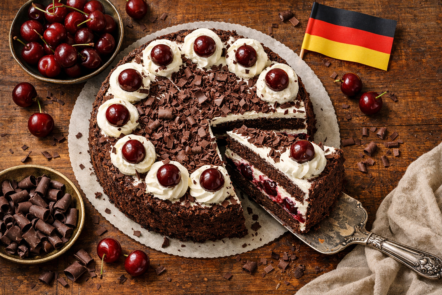 Wide () editorial image showing a top-down flat-lay of a classic German Schwarzwälder Kirschtorte Black Forest cake being