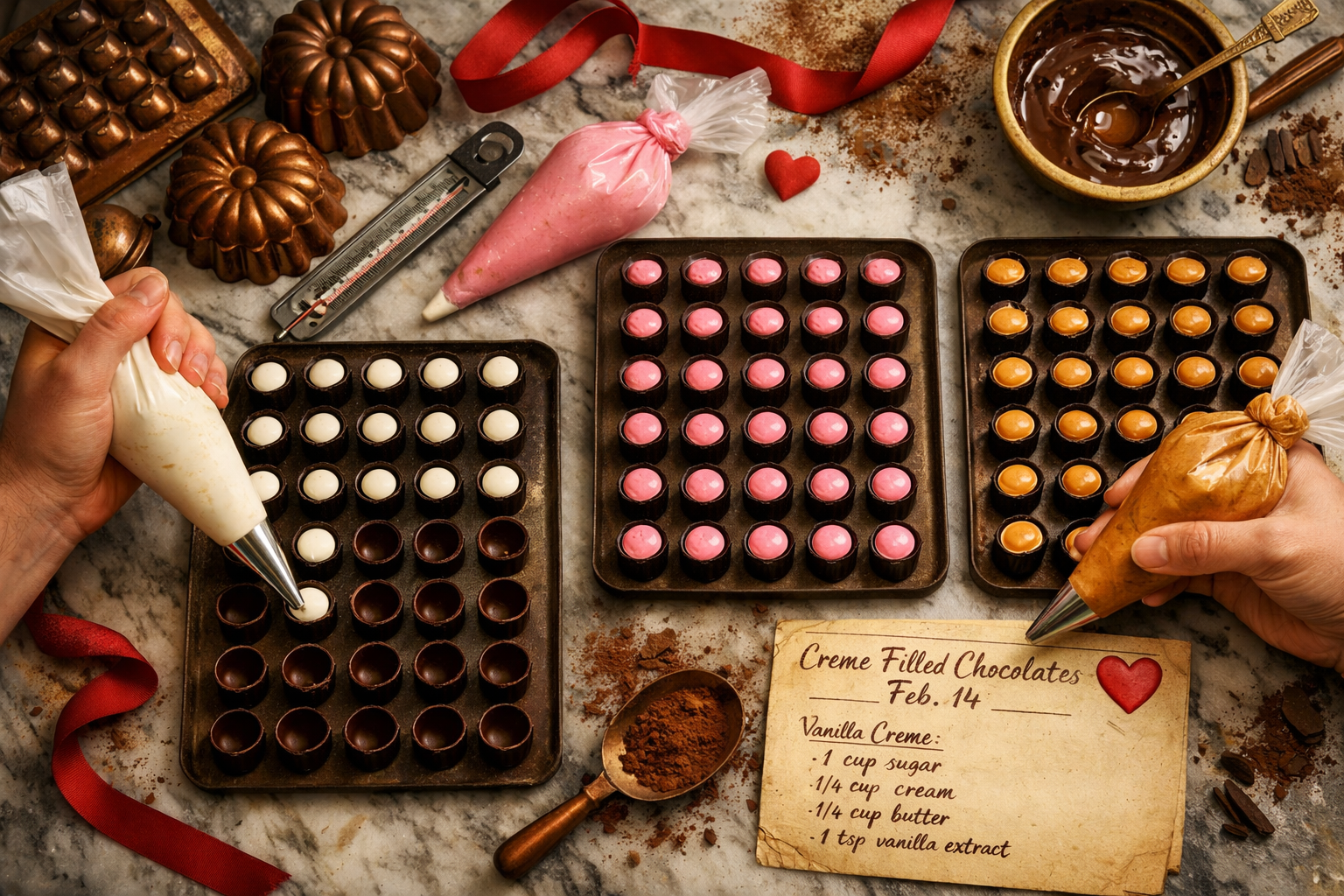 Wide editorial landscape () flat-lay overhead shot of an artisan chocolate maker's workstation on February 14, showing a