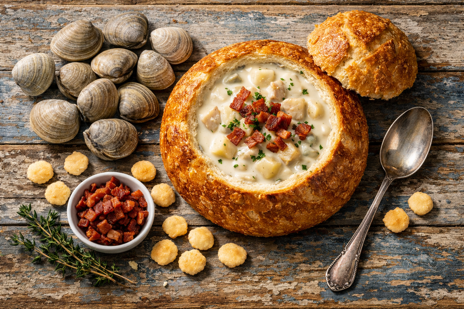 Wide editorial landscape () overhead flat-lay shot of a classic New England clam chowder served in a sourdough bread bowl,