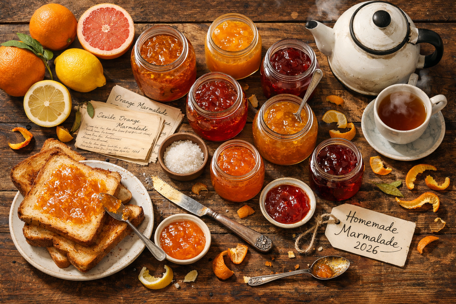 Wide editorial landscape () showing a festive marmalade celebration spread: multiple open jars of artisan marmalade in