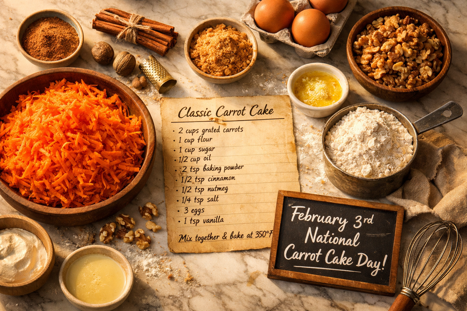Wide editorial () showing a dramatic overhead flat-lay of carrot cake baking ingredients arranged beautifully on a marble