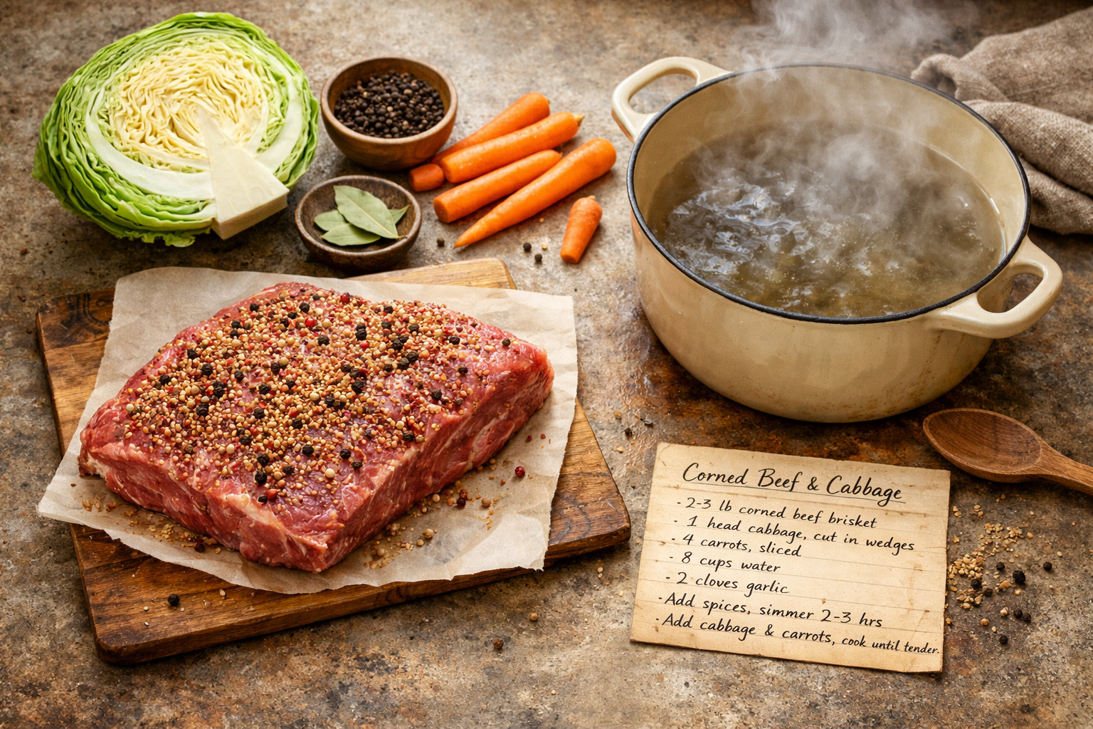 Wide editorial () showing a step-by-step flat-lay overhead shot of corned beef and cabbage preparation on a large rustic