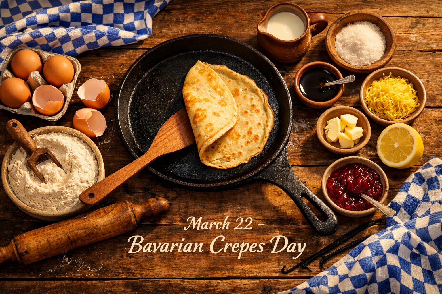 Wide editorial () showing an overhead flat-lay of Bavarian crepes being prepared on a rustic wooden table: a cast-iron crepe