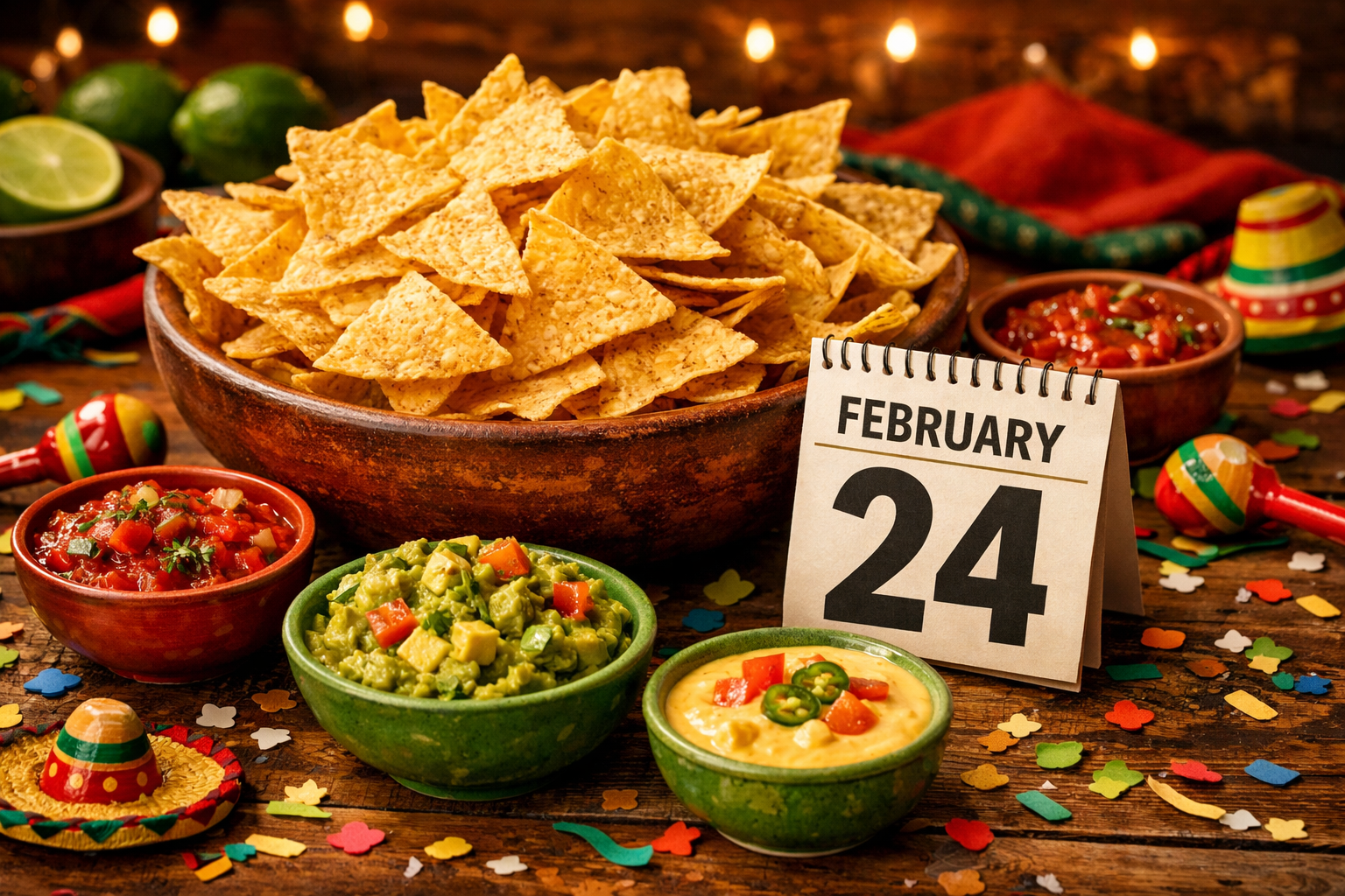 () detailed editorial image showing a festive snack celebration scene: a large bowl of golden tortilla chips surrounded by
