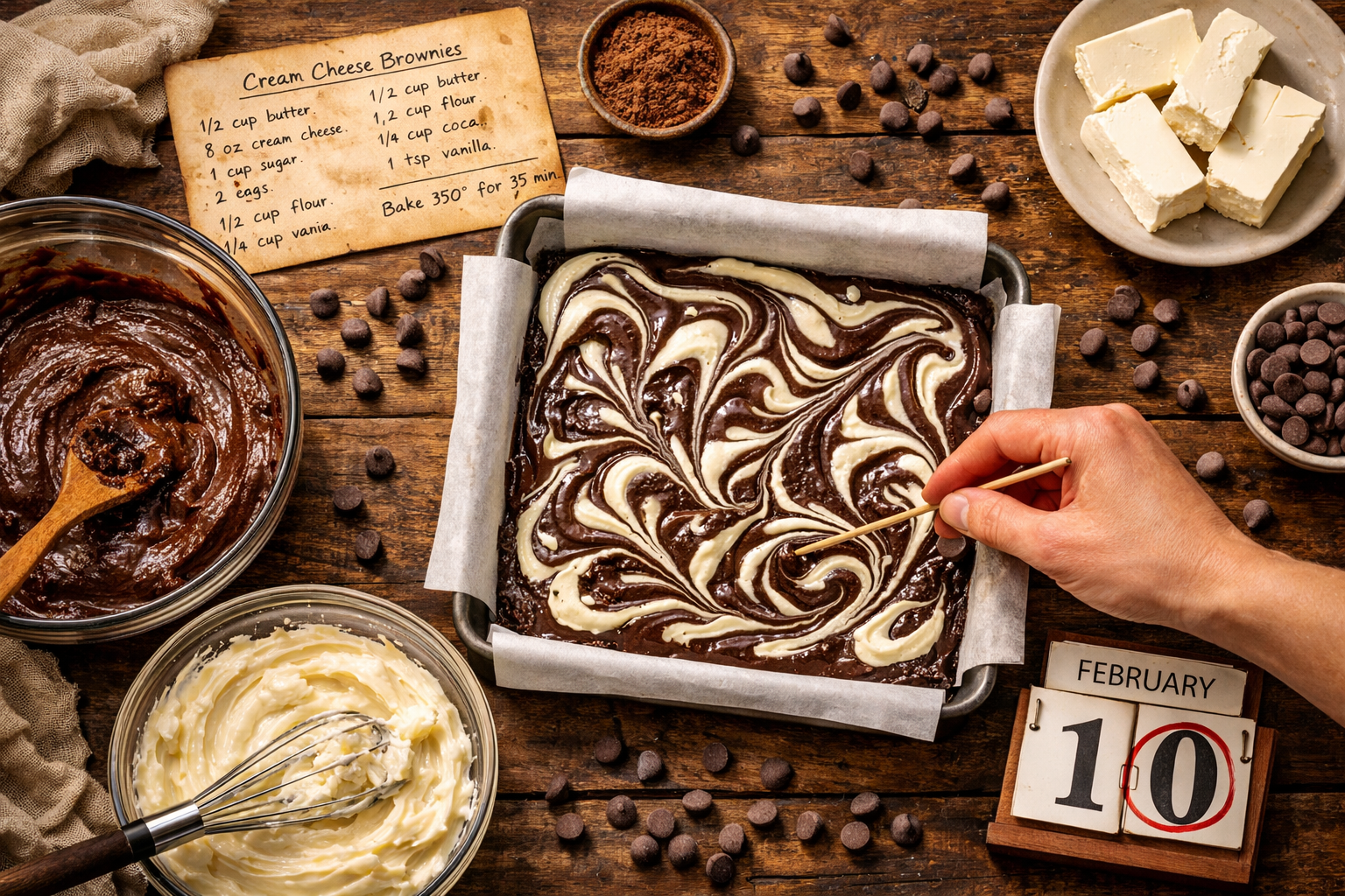 () editorial food photography flat-lay showing a step-by-step cream cheese brownie baking scene: mixing bowls with cream