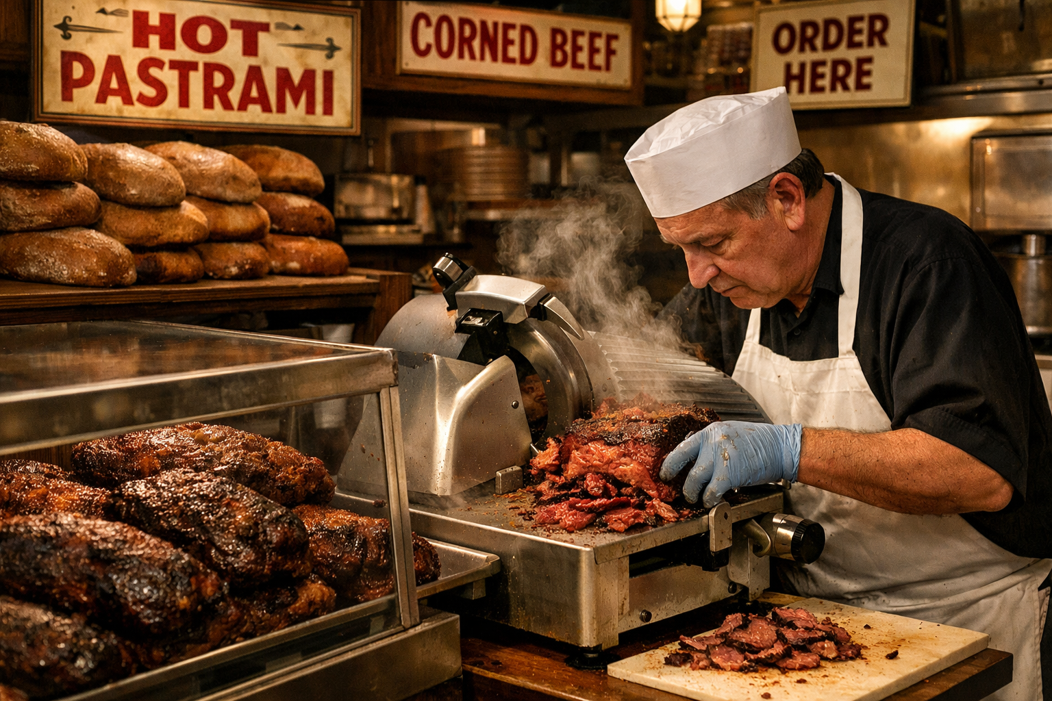 () editorial food photography image showing a New York-style Jewish deli interior with a glass display case filled with
