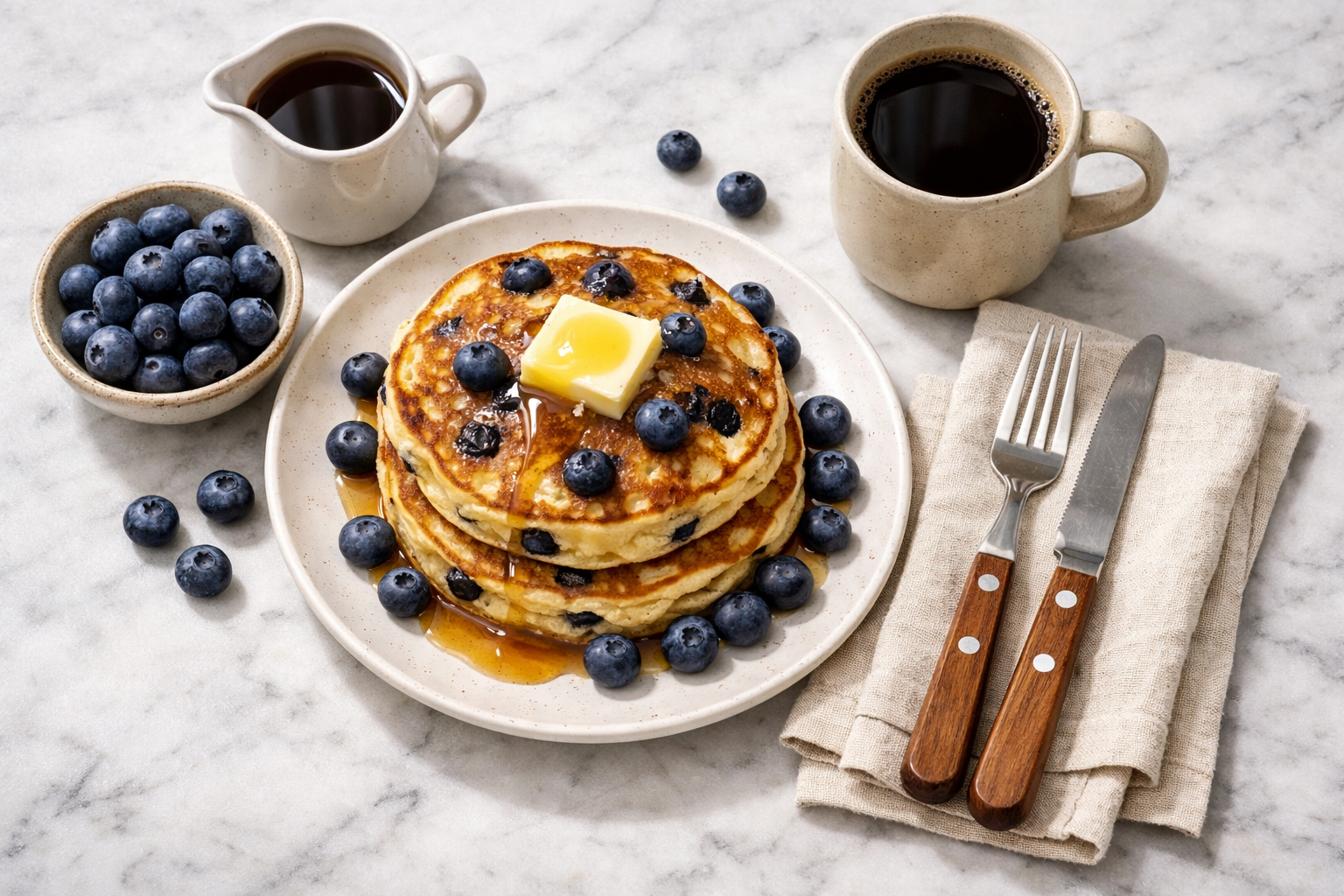 () editorial food photography showing a bird's-eye overhead flat-lay composition of a full breakfast spread: a plate of