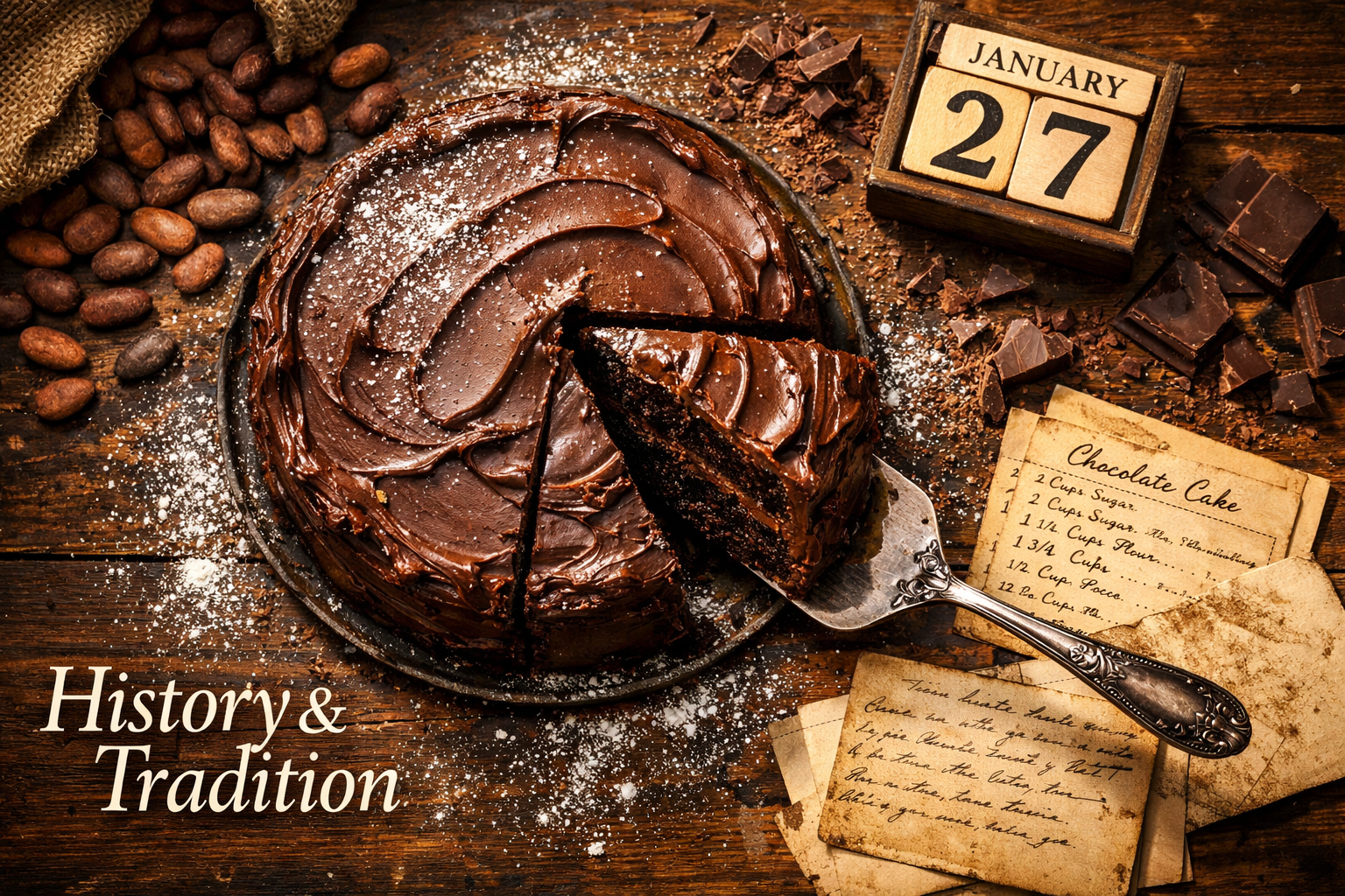 () editorial food photography showing a dramatic overhead flat-lay of a rich chocolate cake being sliced, revealing moist