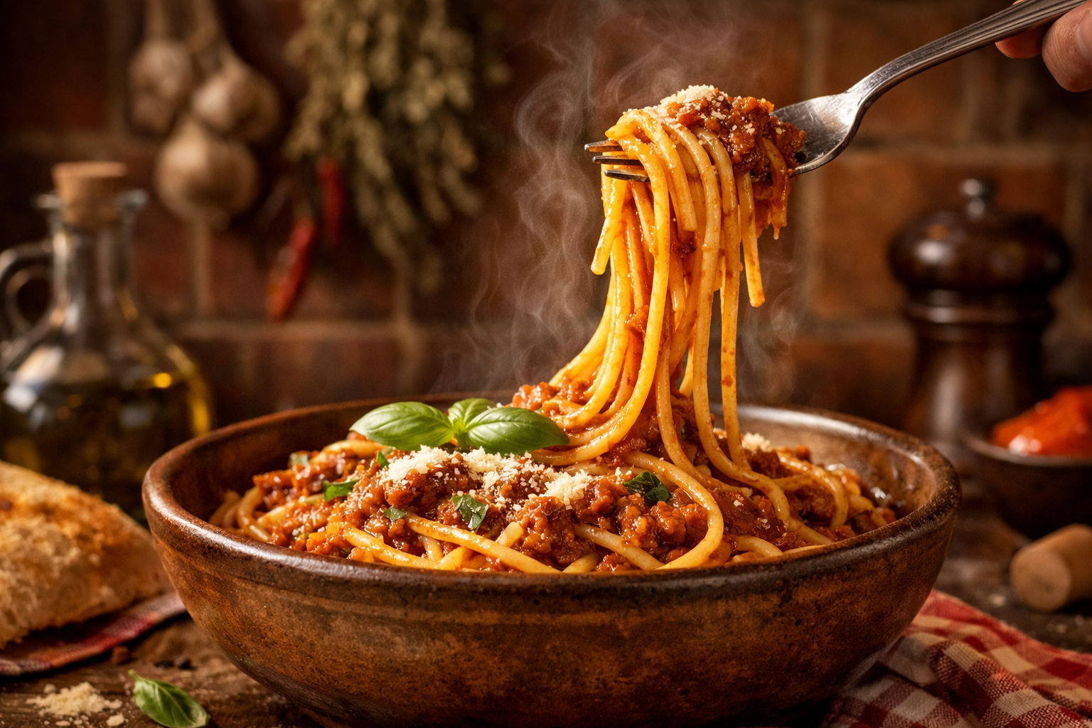 () editorial food photography showing a dramatic side-angle close-up of spaghetti being lifted on a fork, long pasta strands