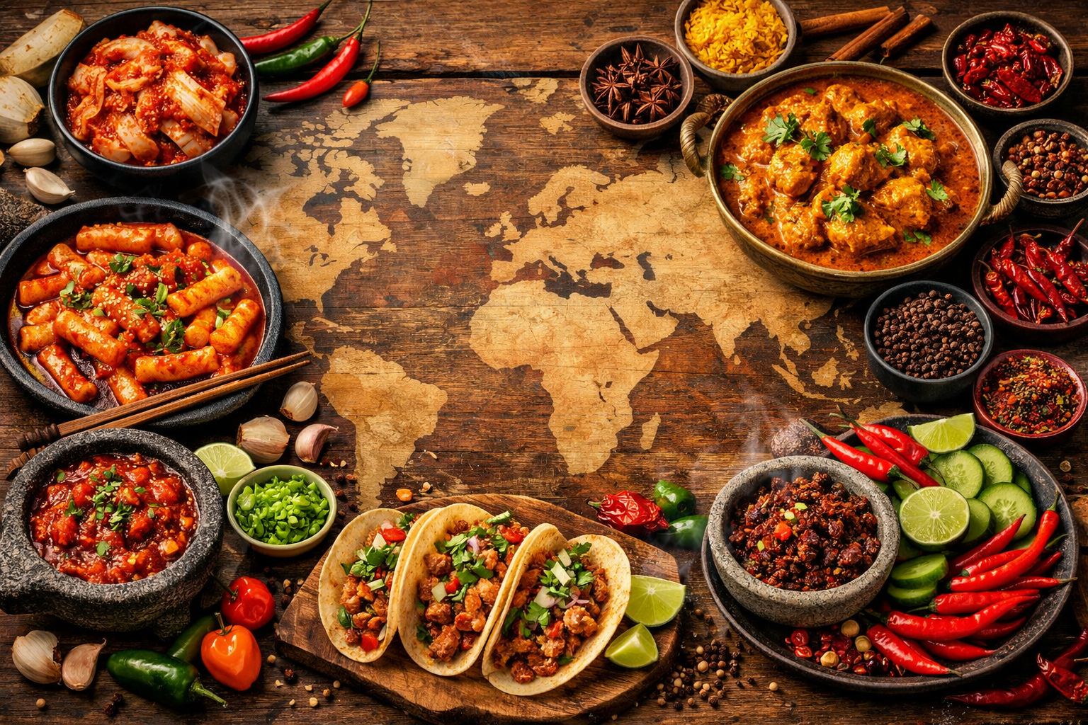 () editorial food photography showing a global spicy food spread from multiple cultures: Korean kimchi and tteokbokki,