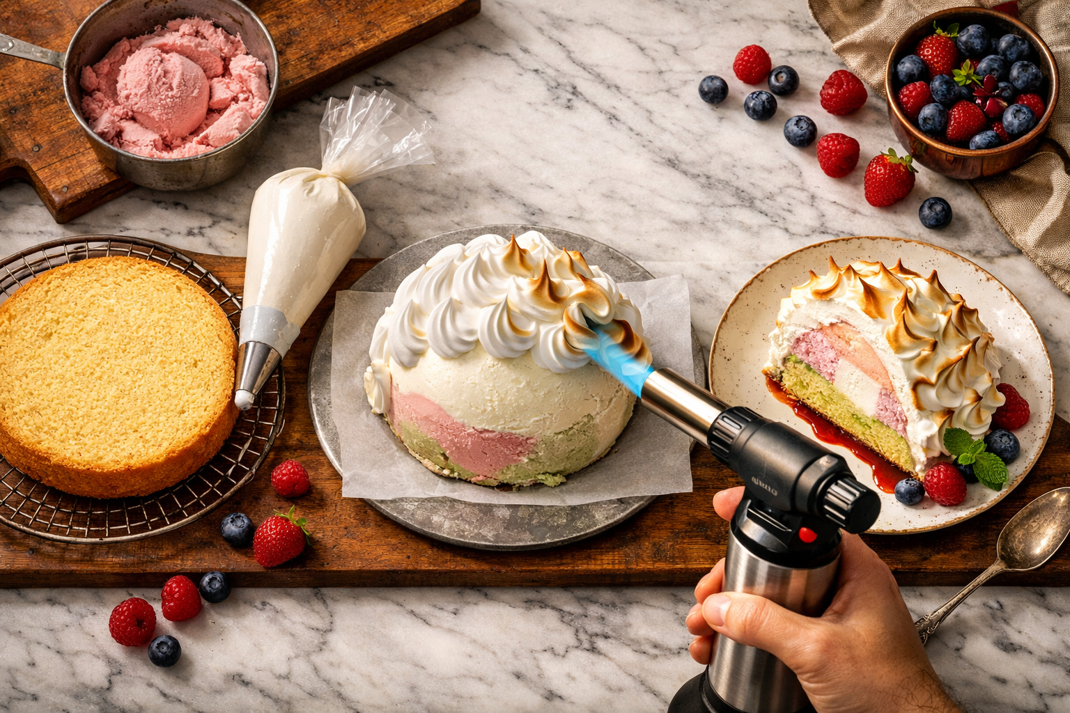 () editorial food photography showing a step-by-step Baked Alaska assembly flat-lay overhead shot on a marble kitchen
