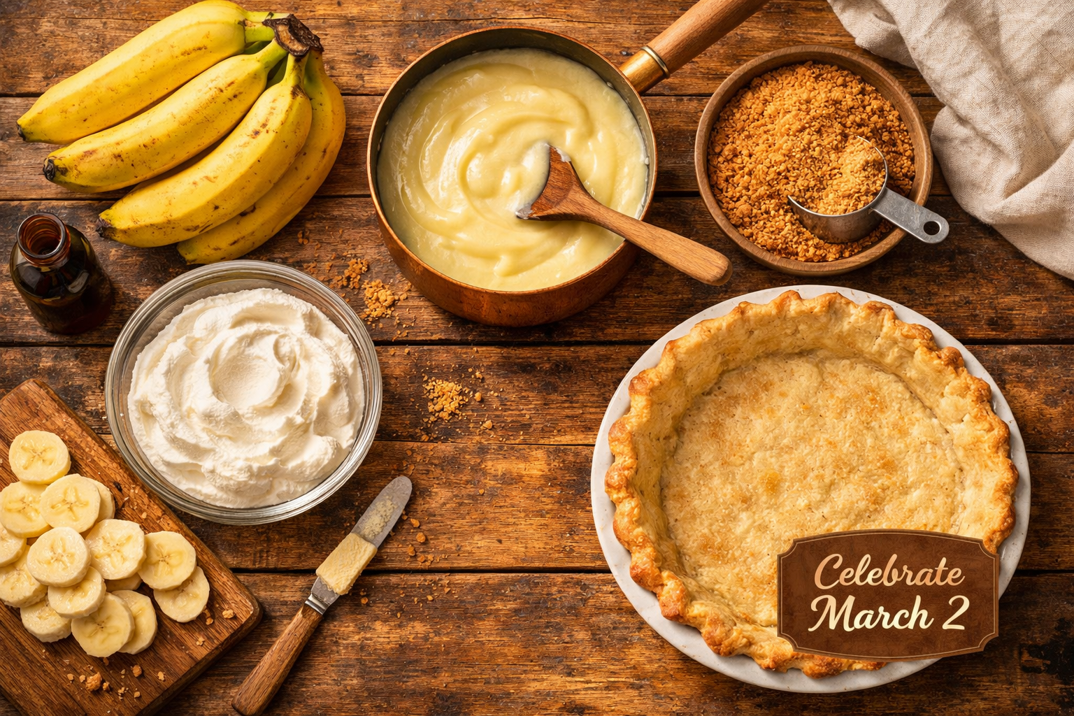 () editorial food photography showing a step-by-step banana cream pie preparation flat-lay scene viewed from directly