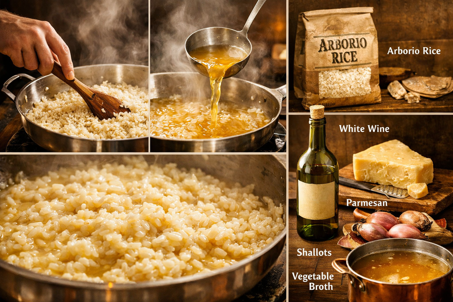 () editorial food photography showing a step-by-step risotto cooking process collage: a chef's hand stirring Arborio rice in